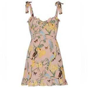 Reformation Christine Ruffle Mini Dress Toucan Print Tie Strap Size 8